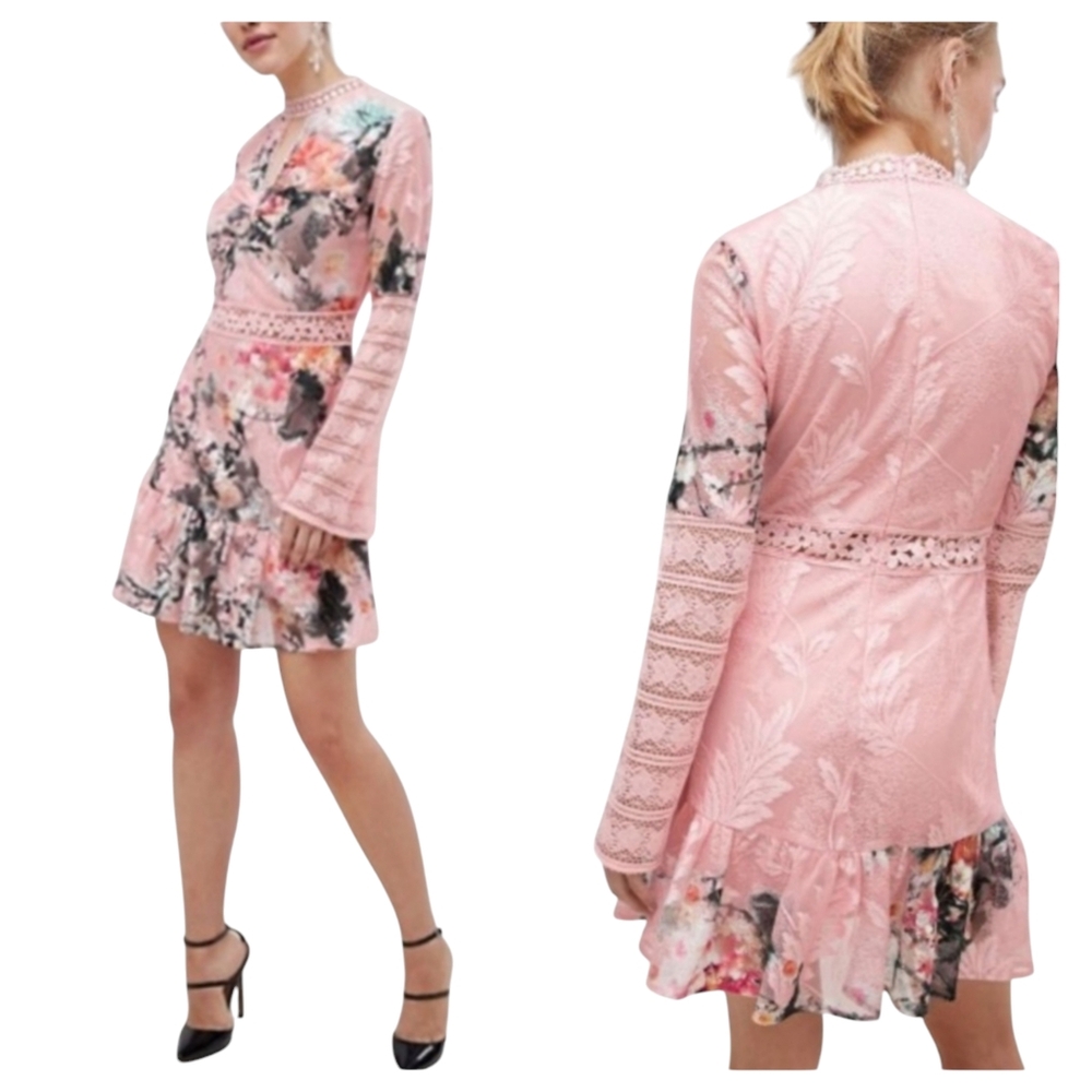Pink Floral Lace-Trim Fit & Flare Dress
